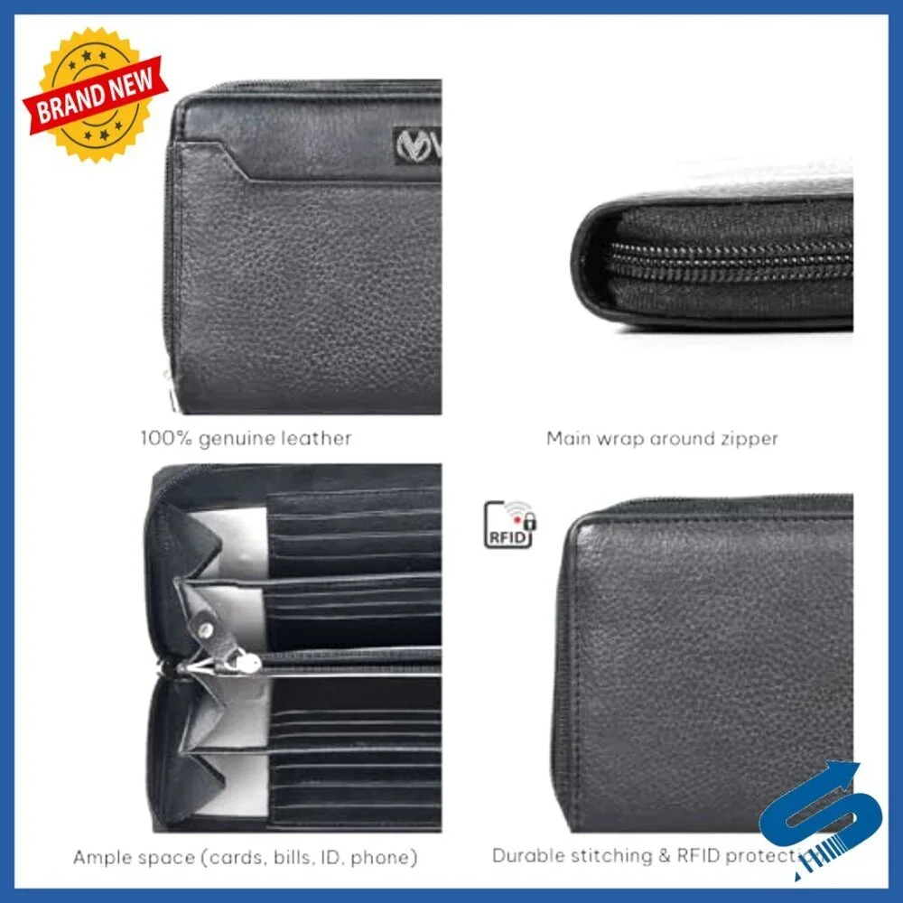 Leather Clutch Wallet with RFID Blocking and Card Slots